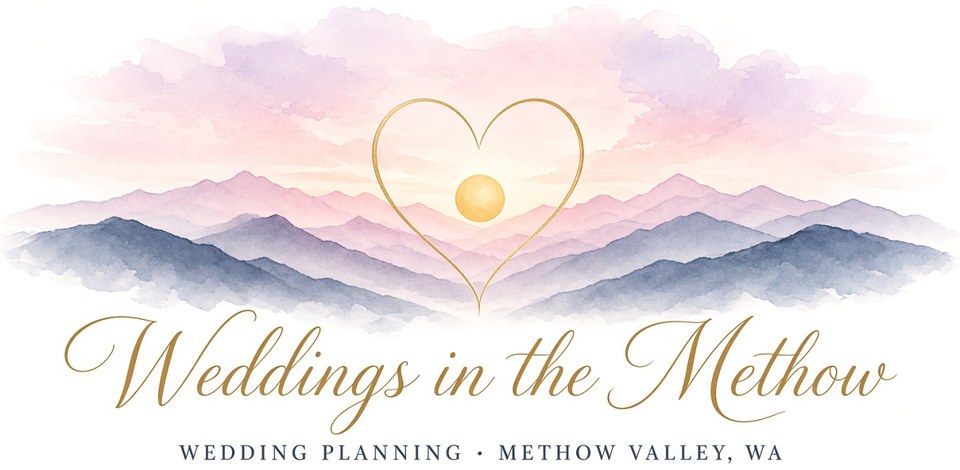 Weddings in the Methow logo: watercolor sunset over mountain ridges inside a gold heart
